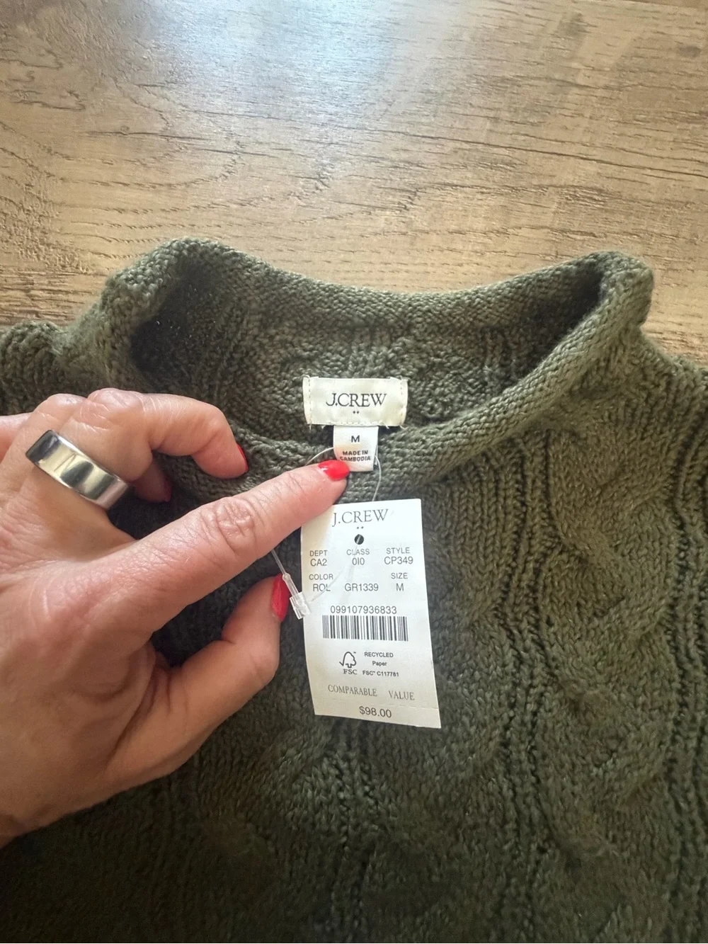 J.Crew Factory NWT Olive Fisherman Sweater Medium Cotton Blend Crewneck